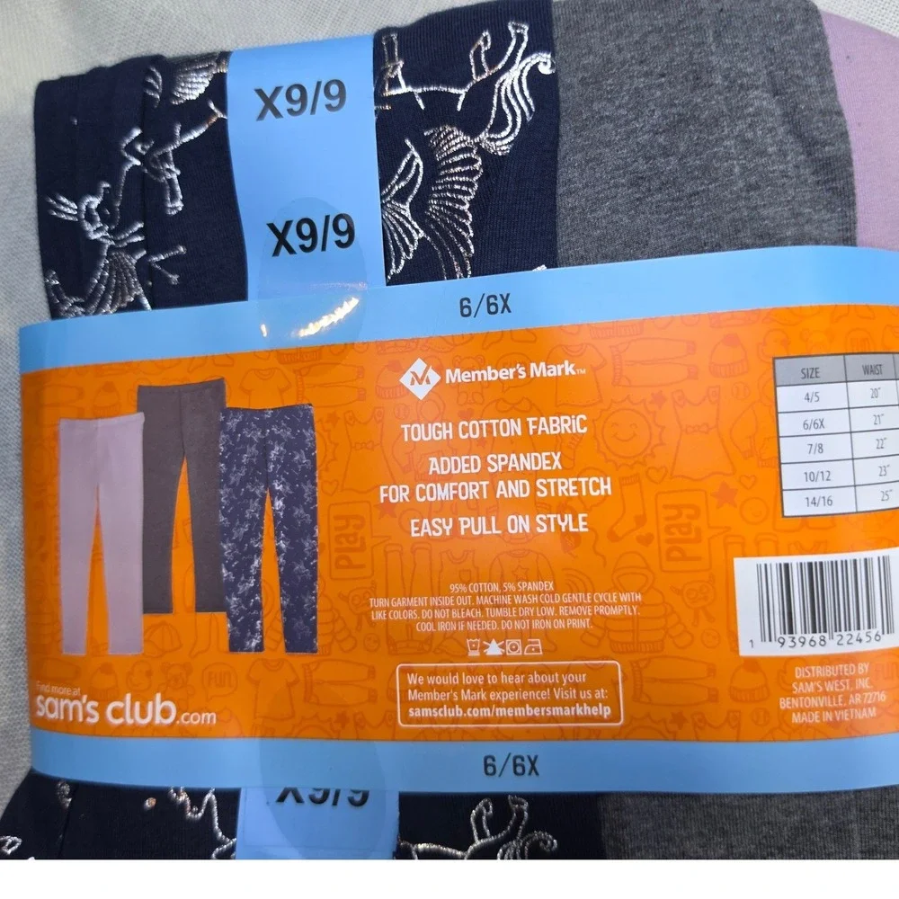 Member's Mark Girls Favorite Leggings 3-Pack Size 6/6X Navy Grey Pink Multi